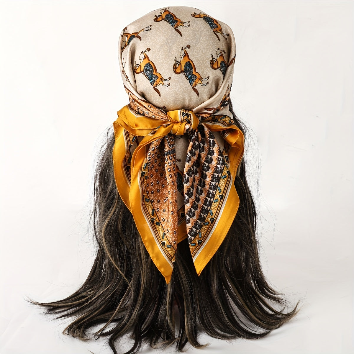 Vintage Horse Print Bandana Yellow Boho Silky Square Scarf Classic Necke...