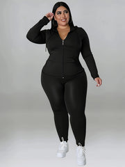 Solid Zip Up Hoodie & Pants Set Women's Plus Medium Stretch Sportswear