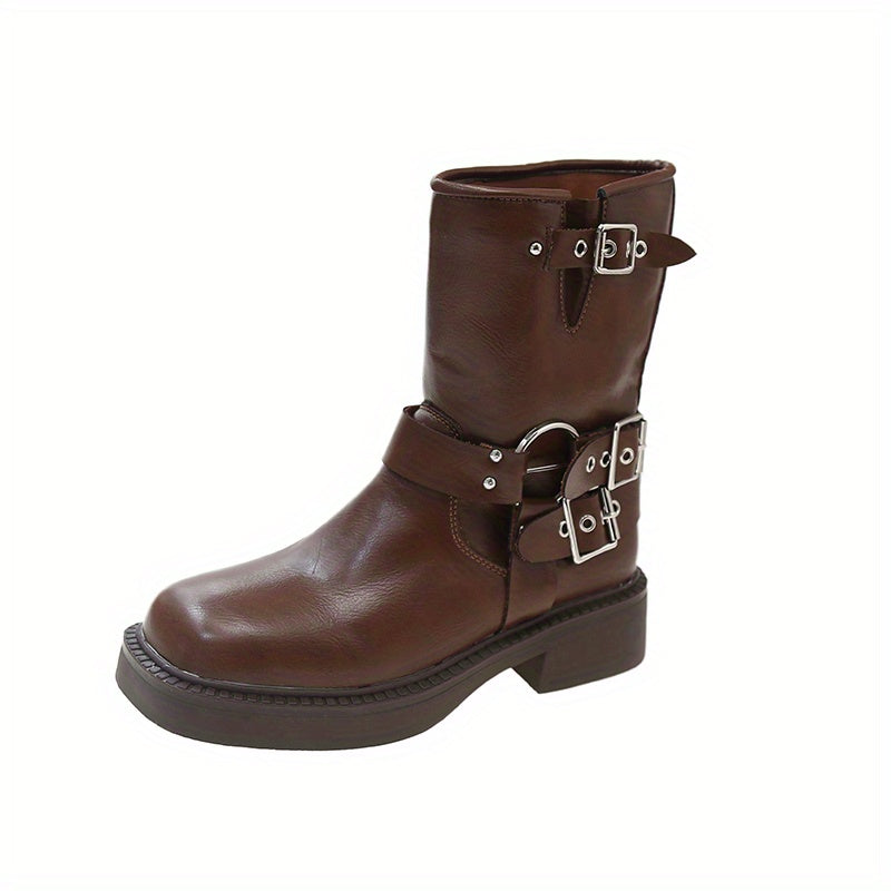 Chunky Heel Motorcycle Booties Slip On Buckle Strap Boots Women's Short Boots