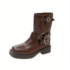 Chunky Heel Motorcycle Booties Slip On Buckle Strap Boots Women's Short Boots