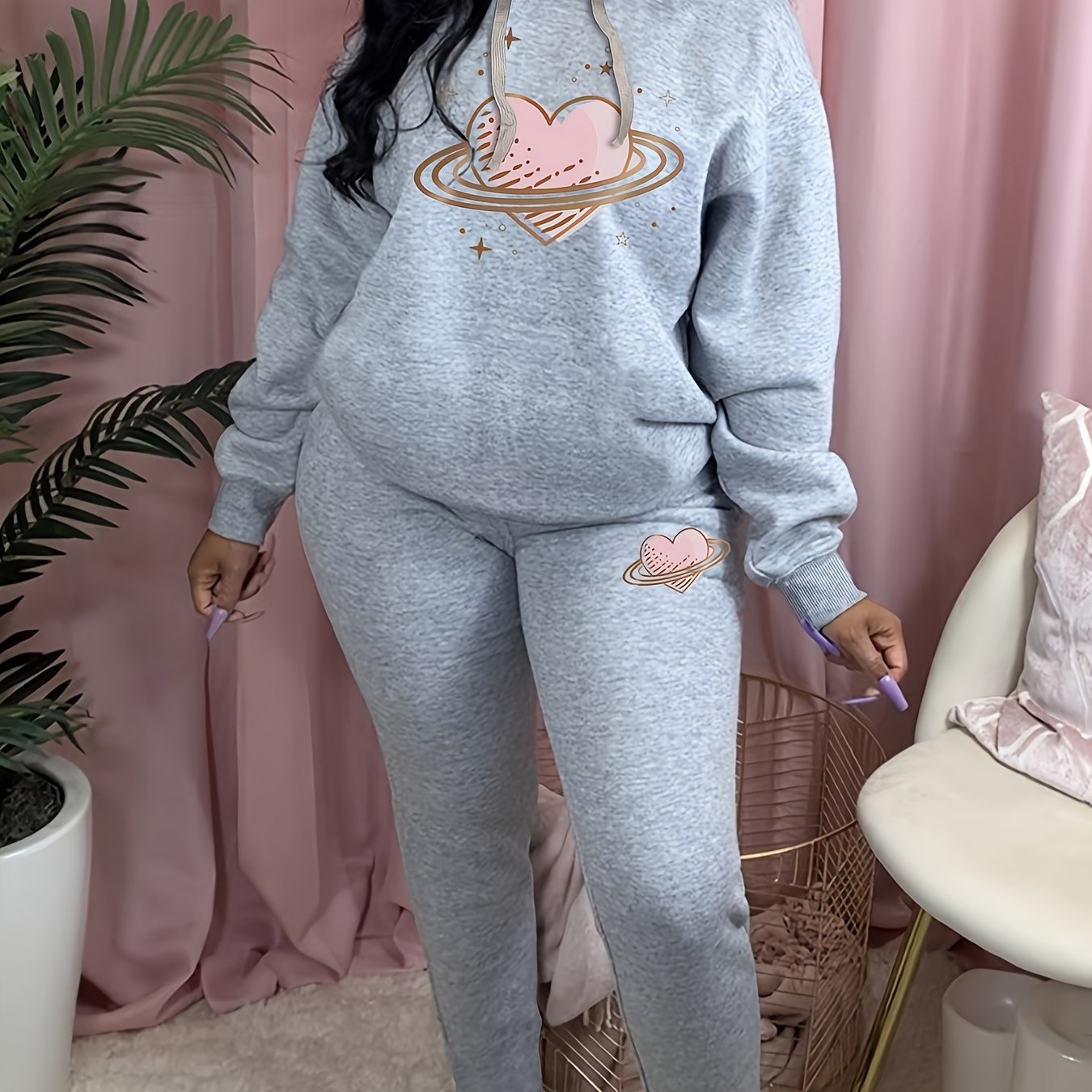 Women's Plus Heart Print Hoodie & Sweatpants Set