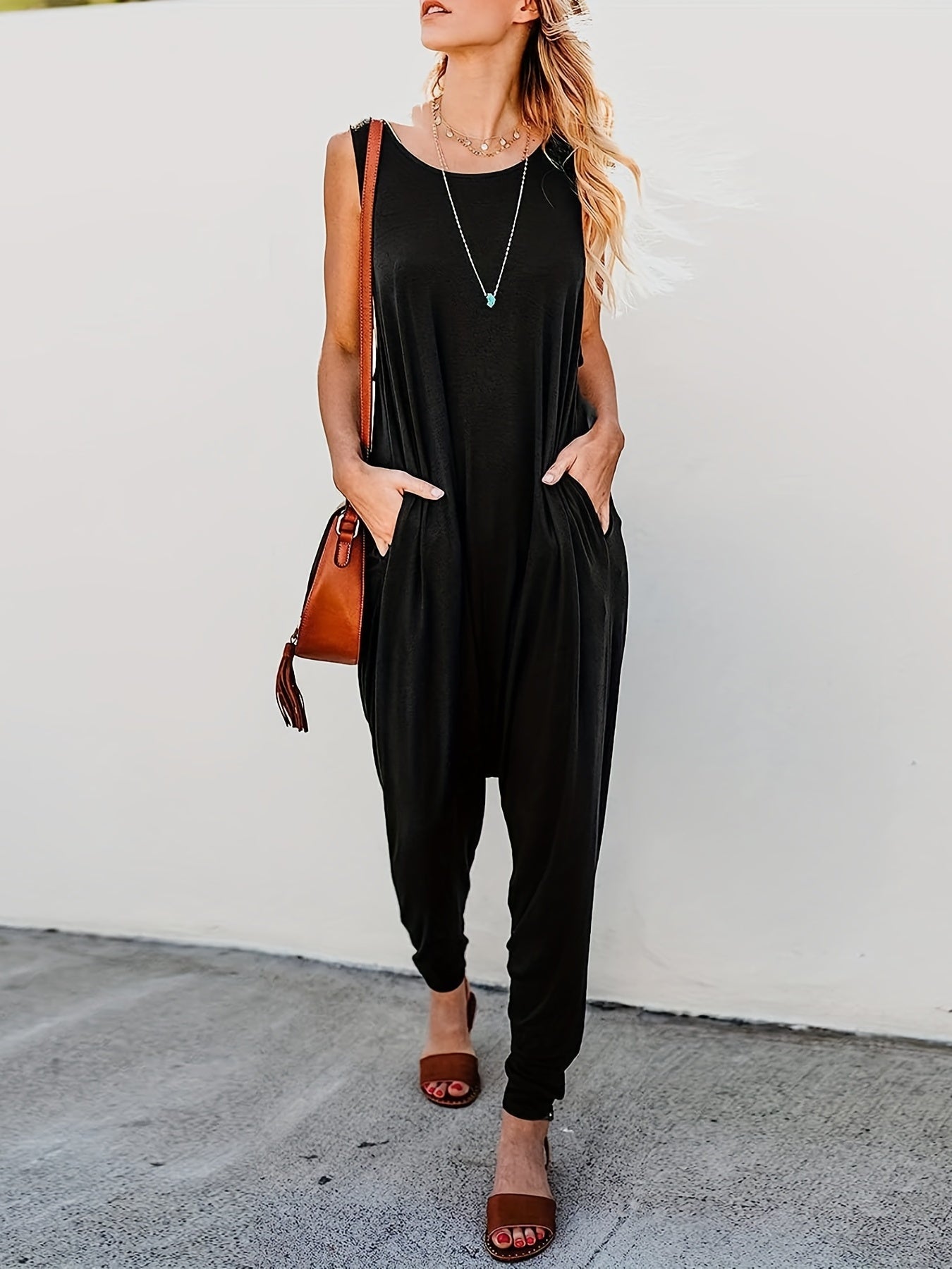 Solid Pockets Loose Tank Jumpsuit Casual Sleeveless Jumpsuit