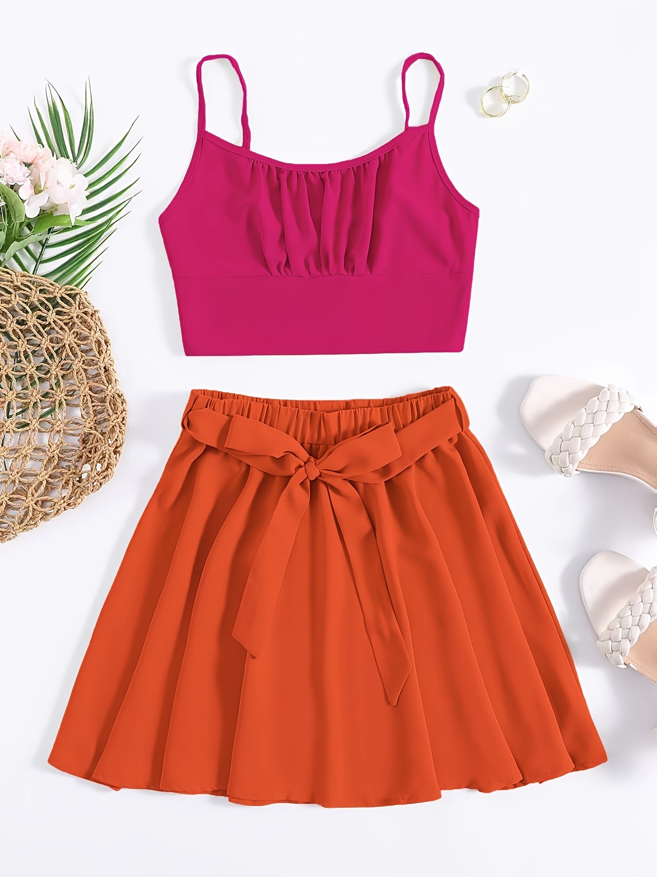 Sexy Block Skirt Two piece Set Pleated Crop Cami Tops