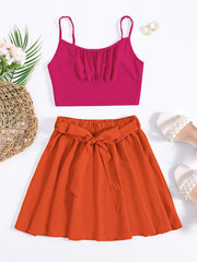 Sexy Block Skirt Two piece Set Pleated Crop Cami Tops