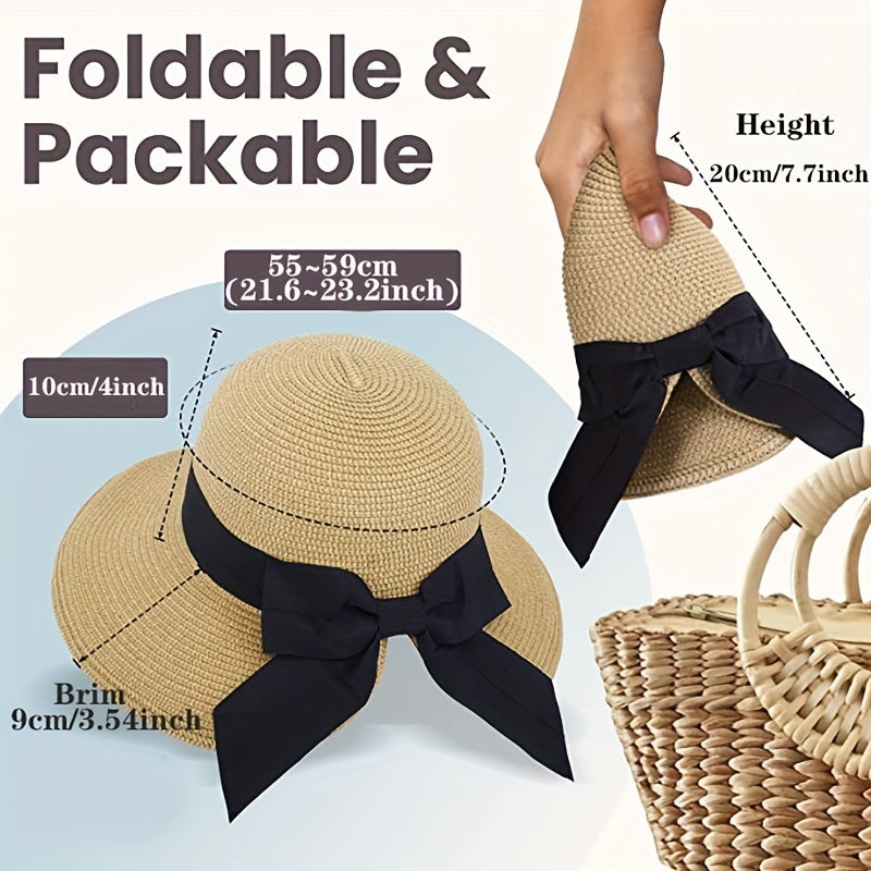 Bowknot Ponytail Sun Hat Vintage Wide Brim Straw Hats Classic Foldable