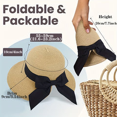 Bowknot Ponytail Sun Hat Vintage Wide Brim Straw Hats Classic Foldable