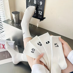 5 Pairs Expression Print Socks Cute Cartoon Crew Socks Women's Stockings