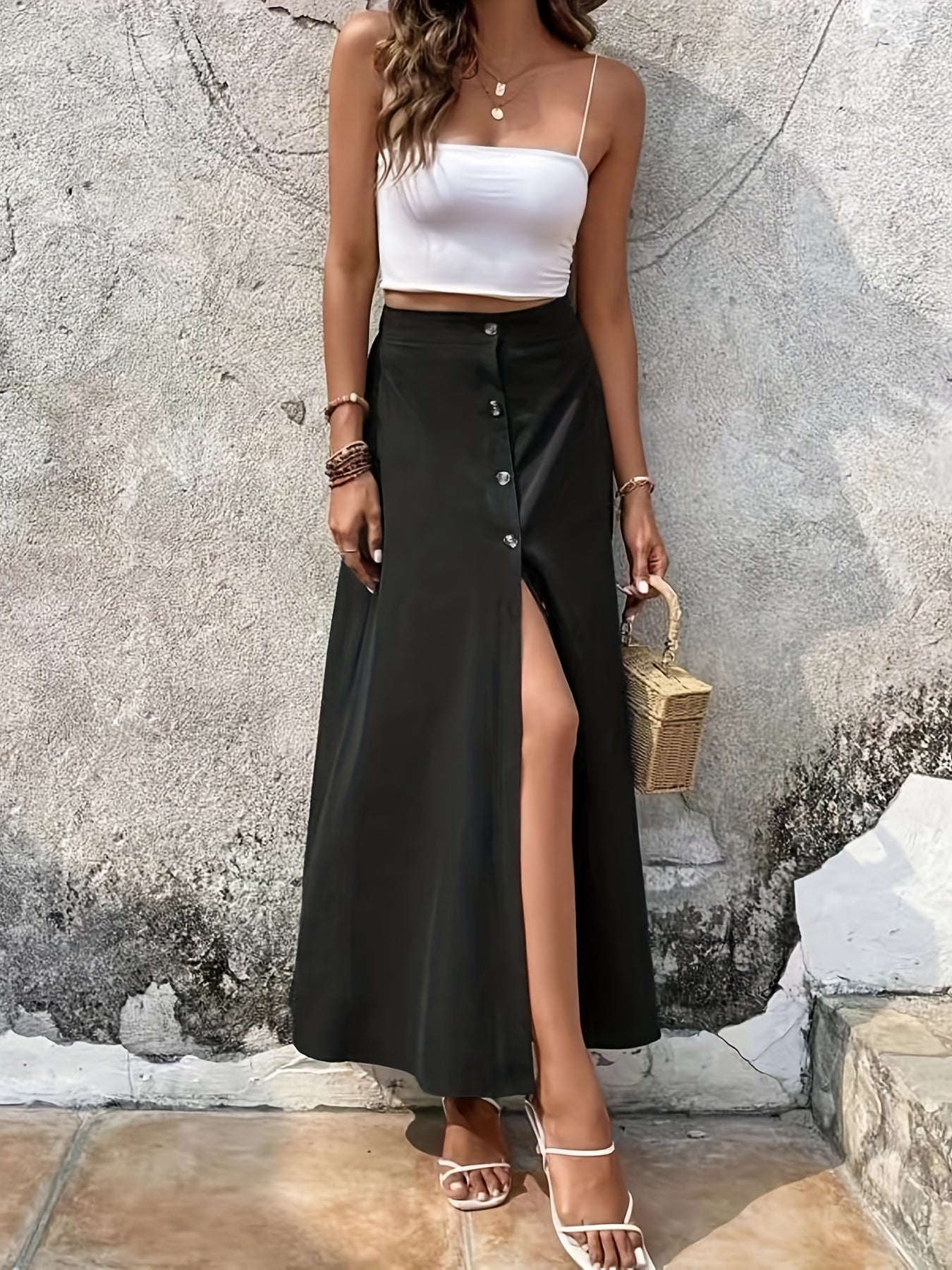 Button Front Slit Skirt Elastic Waist Casual Summer Women's Clothing
