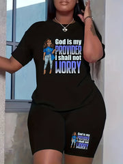 2 Piece Set Women's Plus Slogan & Cartoon Print Top & Shorts Set