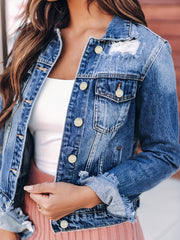 Ripped Holes Denim Jackets Long Sleeves Distressed