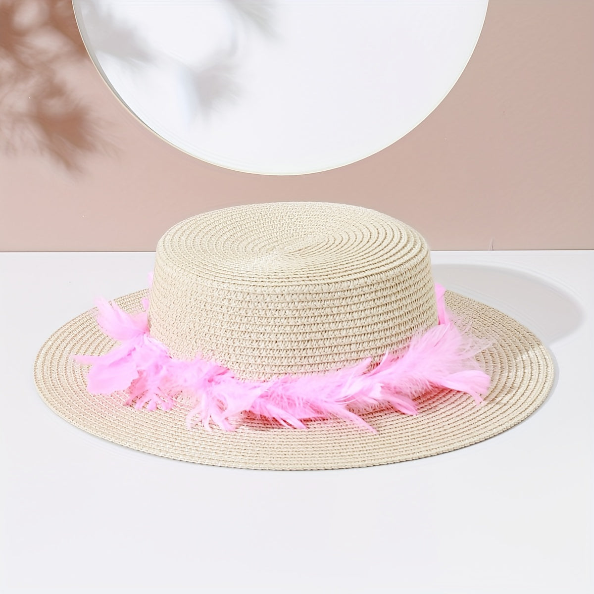 Luminous Feather Wreath Sun Hat Easter Beige Straw Hat Fedora C