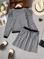 Girls V-neck Cardigan & Skirt 2pcs Houndstooth Casual Kids Clothes
