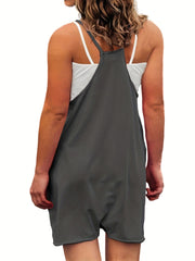 Solid V Neck Cami Romper With Pockets
