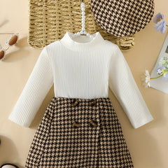 3pcs Toddler Girls Long Sleeve Top & Plaid Skirt & Hat Set