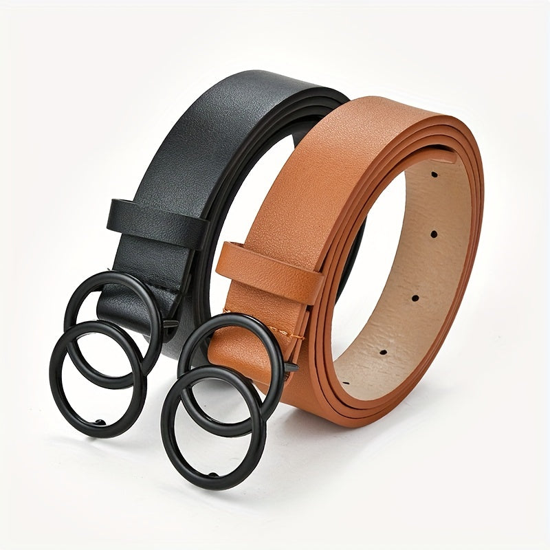 Double Circle Buckle Belt Solid Casual Jeans Pants PU Leather Belt