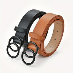 Double Circle Buckle Belt Solid Casual Jeans Pants PU Leather Belt