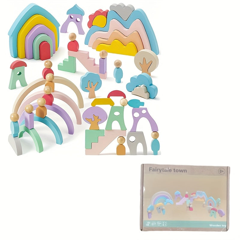 Wooden Building Blocks 46pcs Rainbow Monster Tree House Mountain Landscape Toy