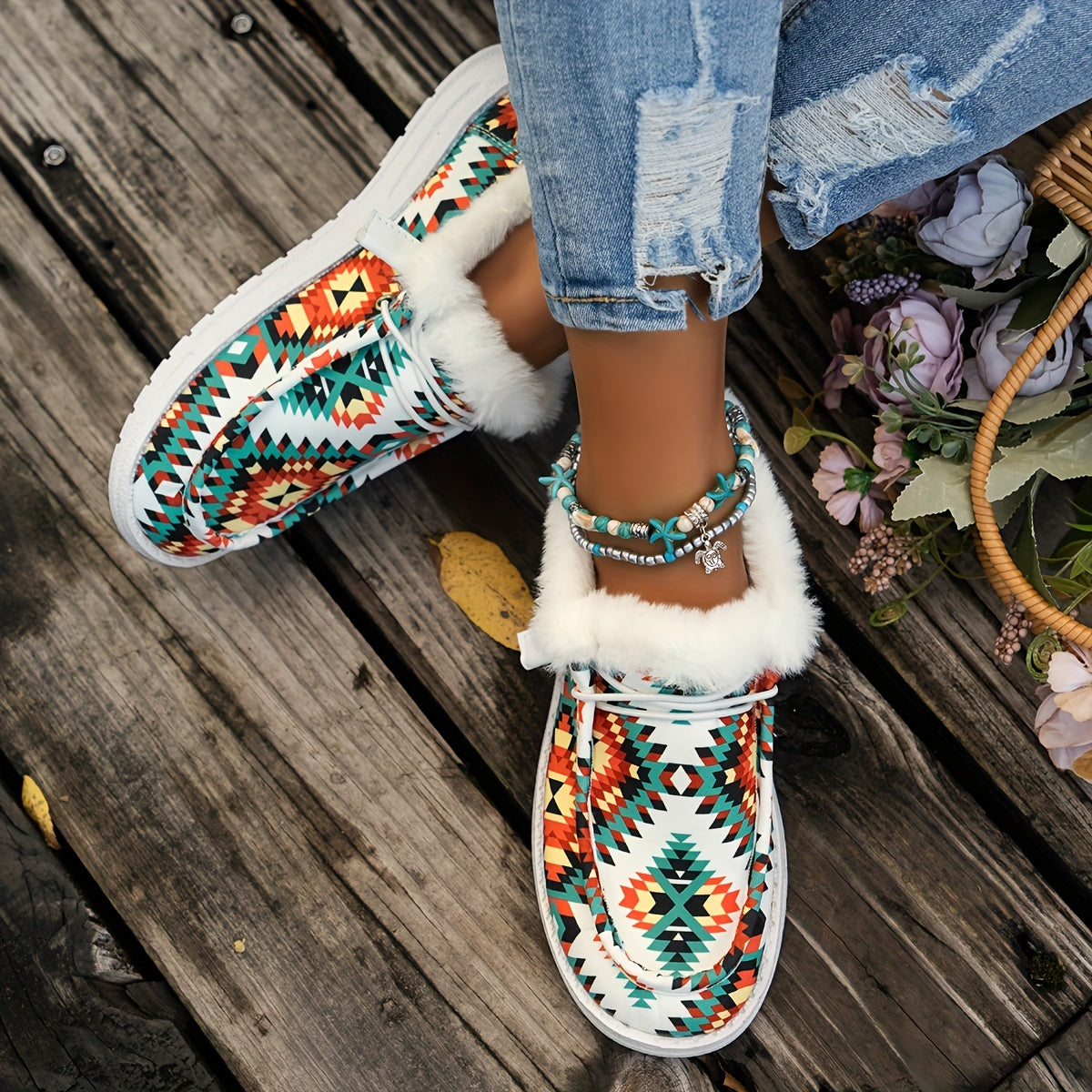 Geometric Print Faux Fur Lined Flat Lightweight Comfortable Skate Shoes