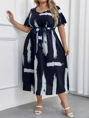 Brush Print V Neck Maxi Dress With Belt