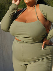 Women's Plus Ribbed Halter Neck Crop Top & Oversleeve & Pants Set