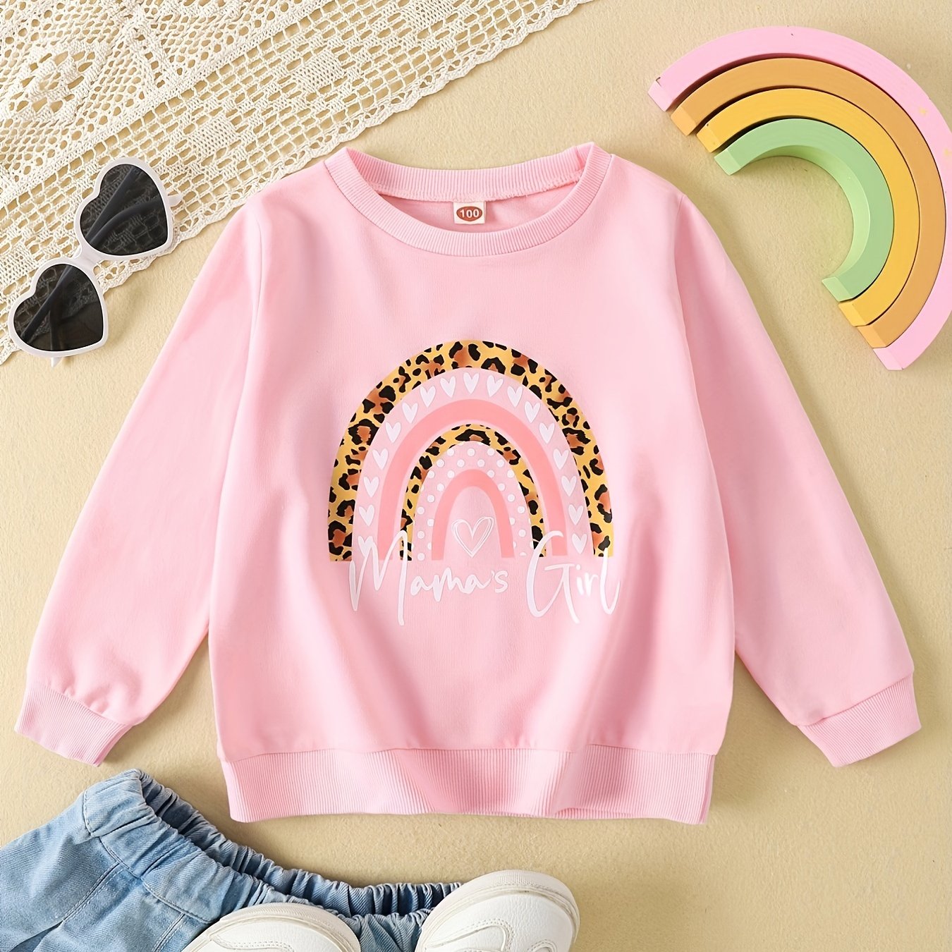 Girl's Rainbow Print Sweatshirt Long Sleeve Crewneck Pullover Tops