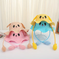 Rabbit Straw Hat for Girls Sun Protection with Moving Ears