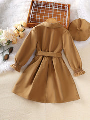 Girls' Casual Button Long Sleeve Tunic Shirt Dress With Hat Set