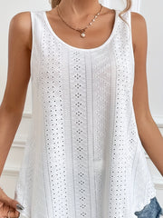 Solid Eyelet Crew Neck Tank Top Sleeveless Summer Women's Top