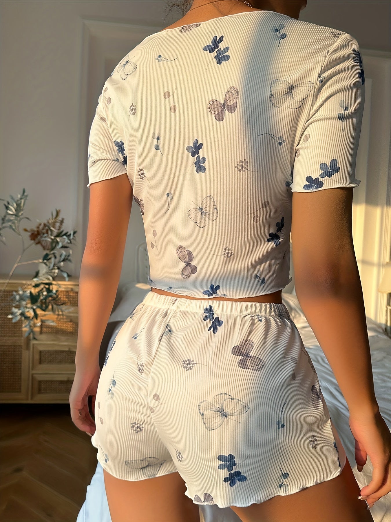 Butterfly Print Pajama Set Short Sleeve Top & Shorts
