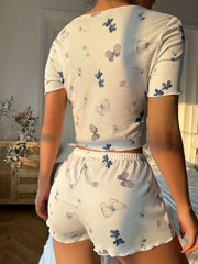Butterfly Print Pajama Set Short Sleeve Top & Shorts