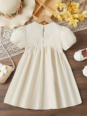 Girls Tulip Flower Embroidered Puff Sleeve Cotton Sweet Casual Dress