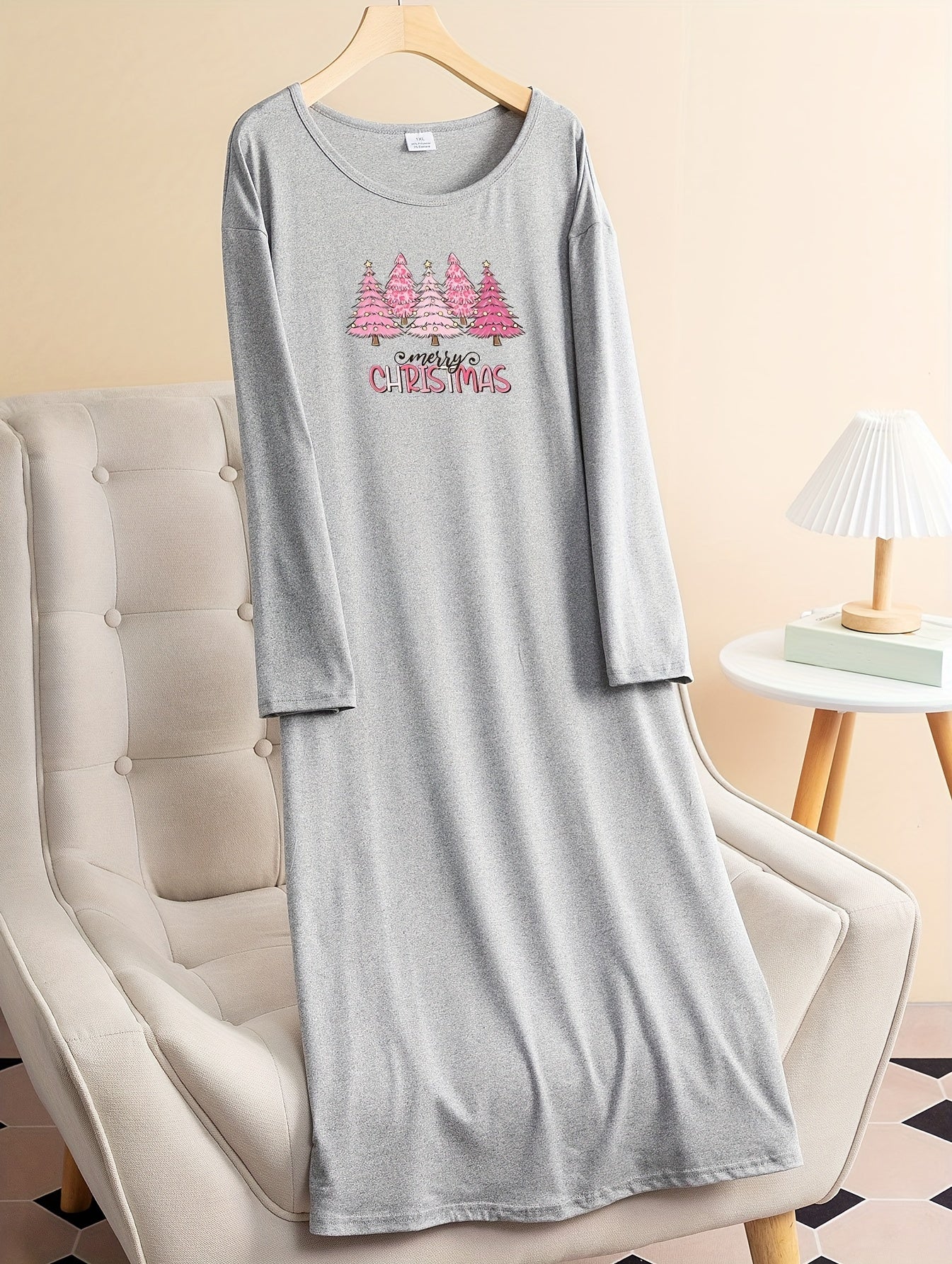 Christmas Lounge Tee Sleep Dress Women's Slogan Print Long Sleeve