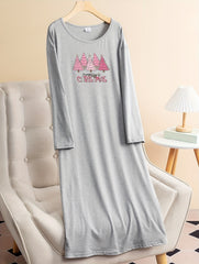 Christmas Lounge Tee Sleep Dress Women's Slogan Print Long Sleeve