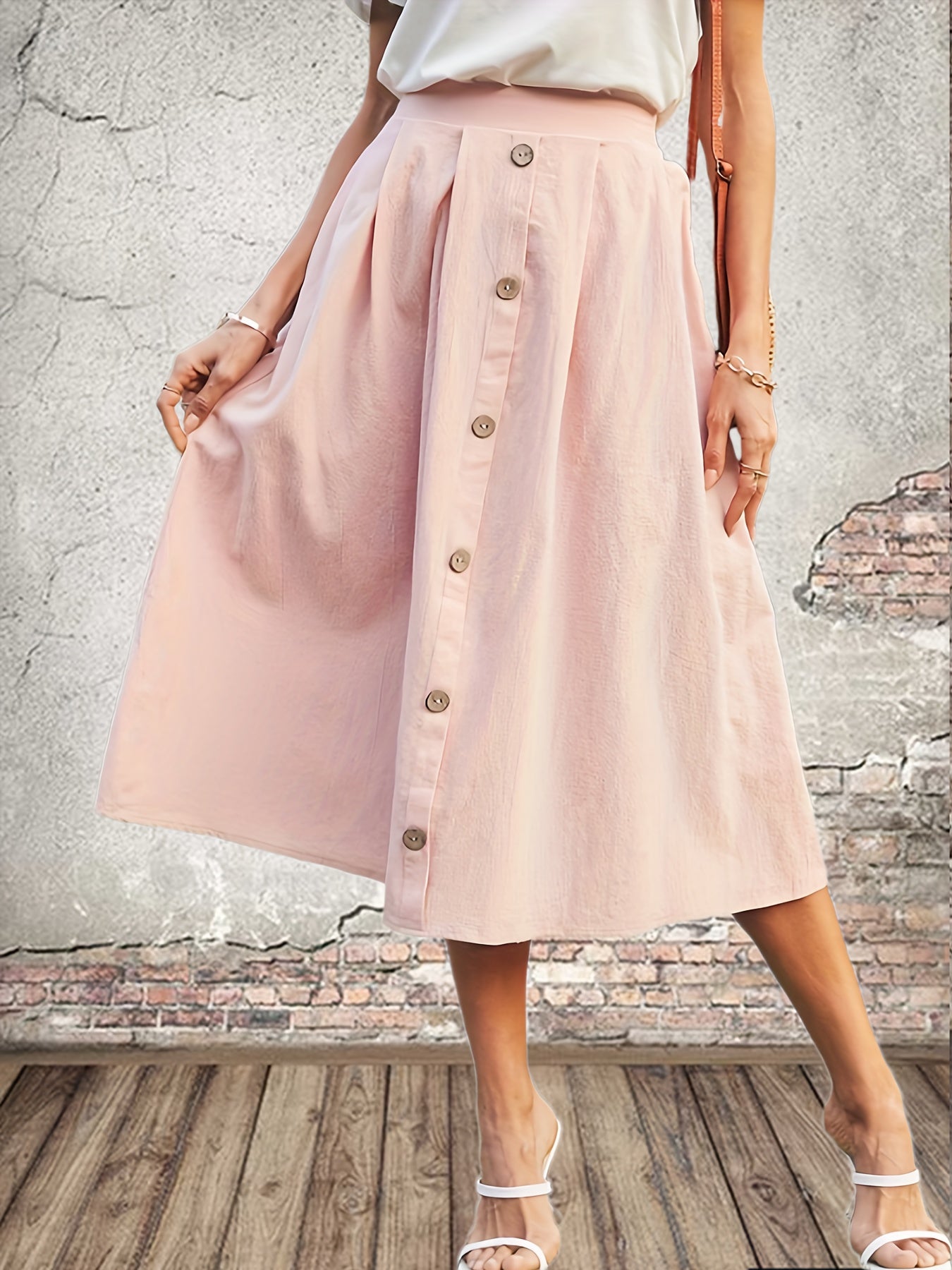 High Waist Button-Up Midi Skirt Solid Casual