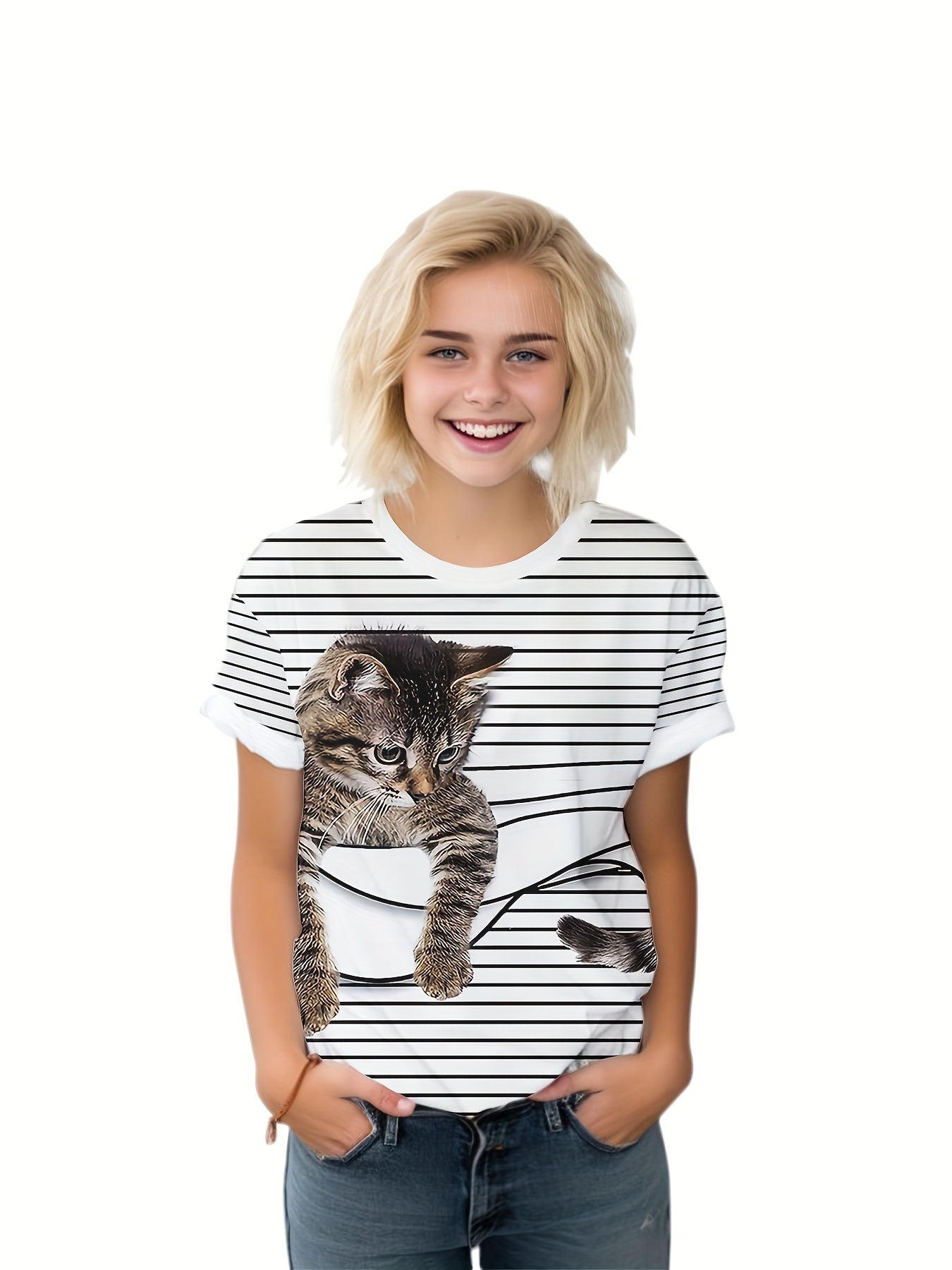Kids Striped Kitty Graphic T-shirt - Summer Sports Clothes
