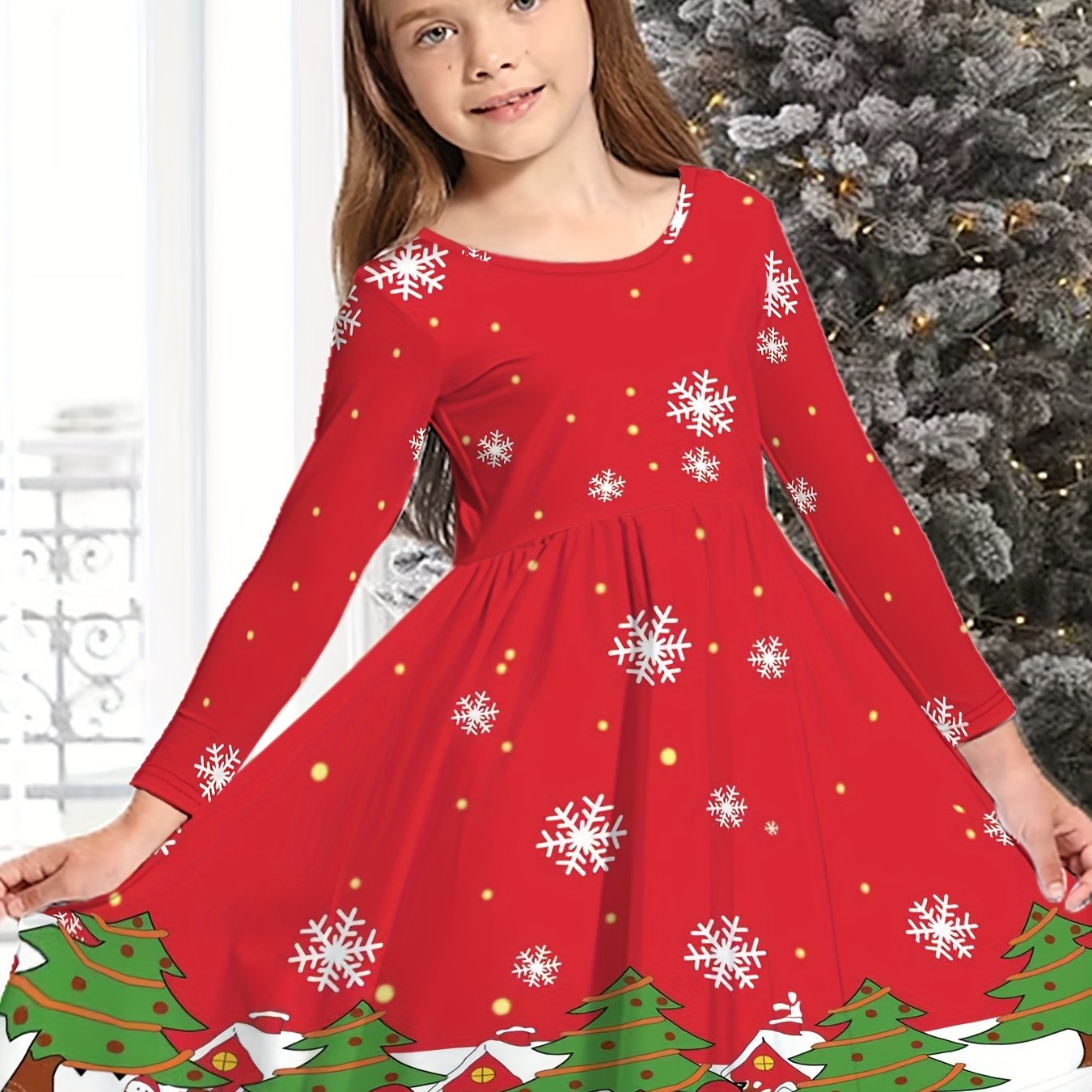 Snowflake Graphic Long Sleeve Dress Girls Comfy Dresses For Christmas