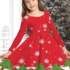 Snowflake Graphic Long Sleeve Dress Girls Comfy Dresses For Christmas