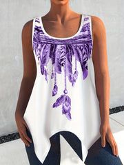 Feather Print Tank Top Round Neck Medium Stretch