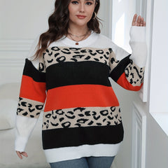 Colorblock Leopard Print Round Neck Jumper
