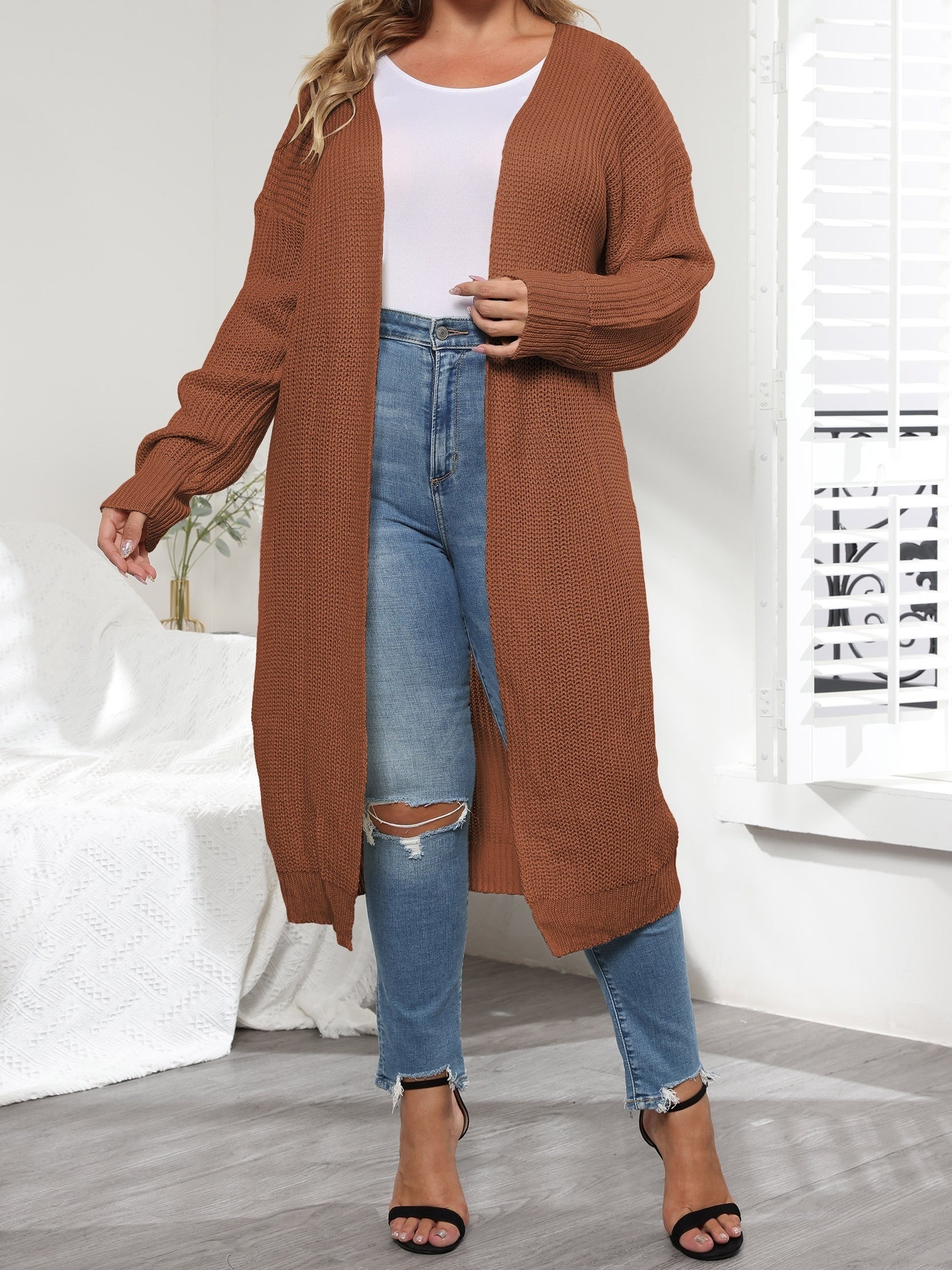 Casual Cardigan Women's Plus Solid Long Sleeve Open Front Long Cardigan