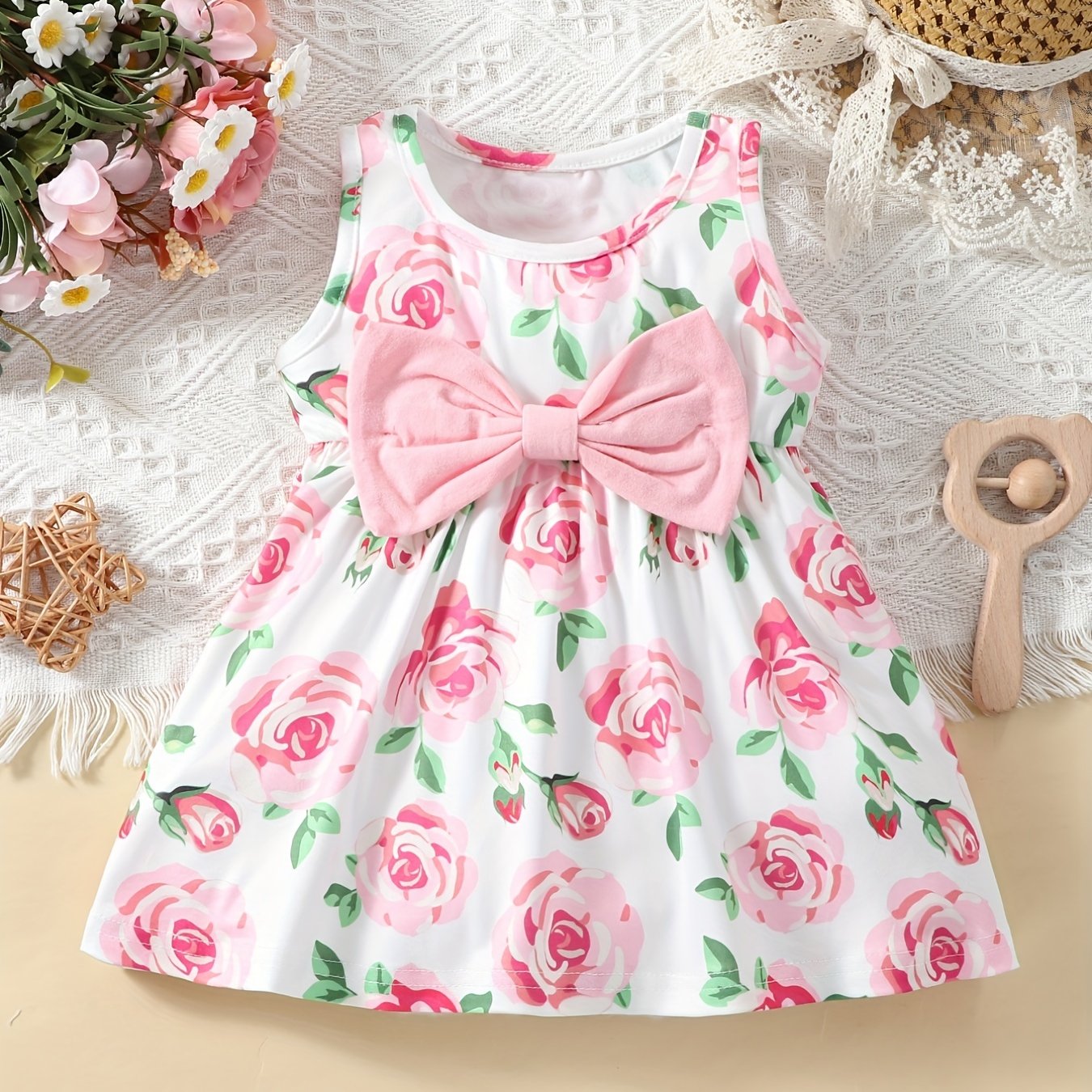 Baby Girls Casual Rose Print Sleeveless Dress Summer