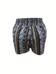 Boho Shorts Women's Plus Tribal Print Elastic Waist Wide Leg Vacay Sho