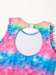 Girls Mermaid Fish Scale Print Tankini Swimsuit Sleeveless