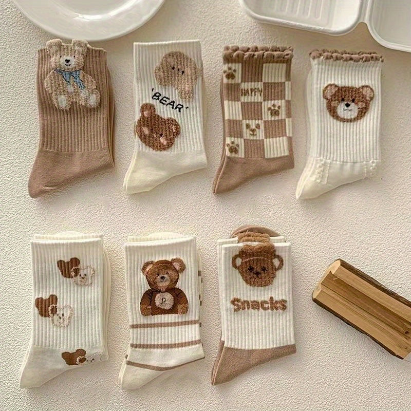 7 Pairs Bear Print Cartoon Socks Women's Mid Tube Stockings