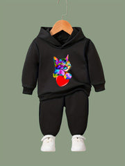Girls 2pcs Cat Pattern Hooded Sweatshirt & Sweatpants Set