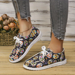 Colorful Skull Print Canvas Shoes Lace Up Lightweight Low Top Halloween Shoes