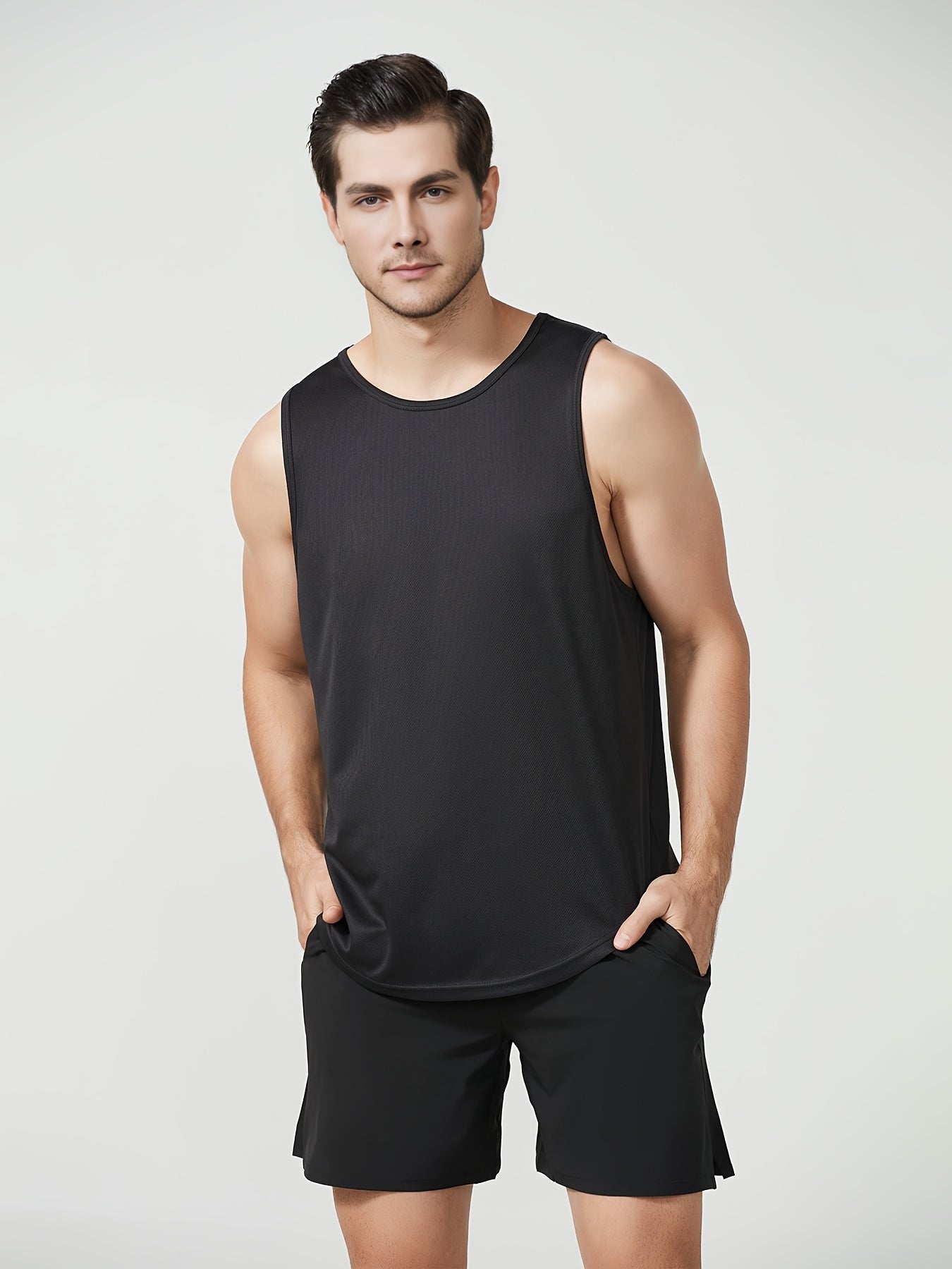 Men's Solid Tank Top Quick Dry Stretch Crew Neck Sleeveless Shirt
