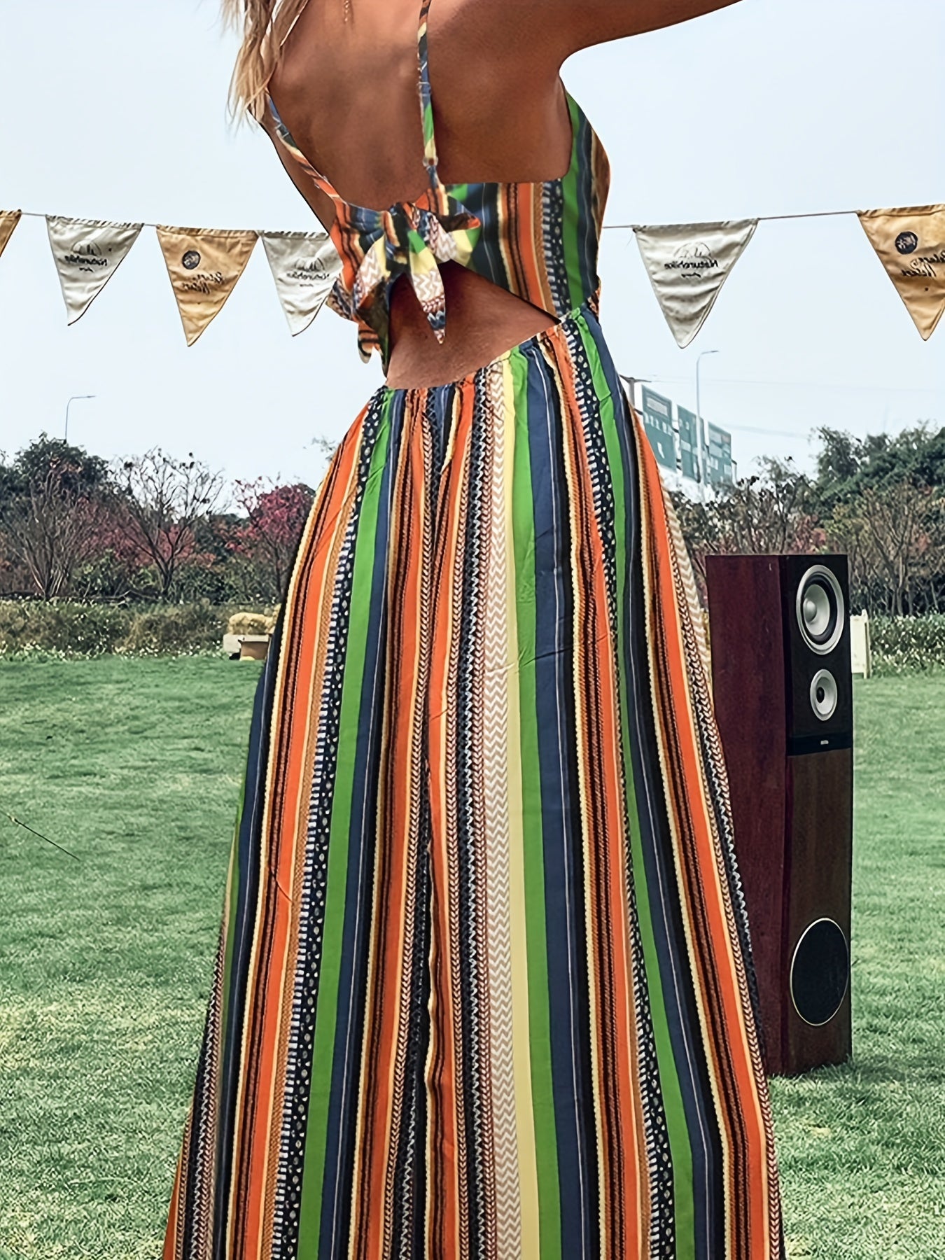 Striped Cut Out Cami Dress Ethnic Sleeveless Aline Maxi Length Dress