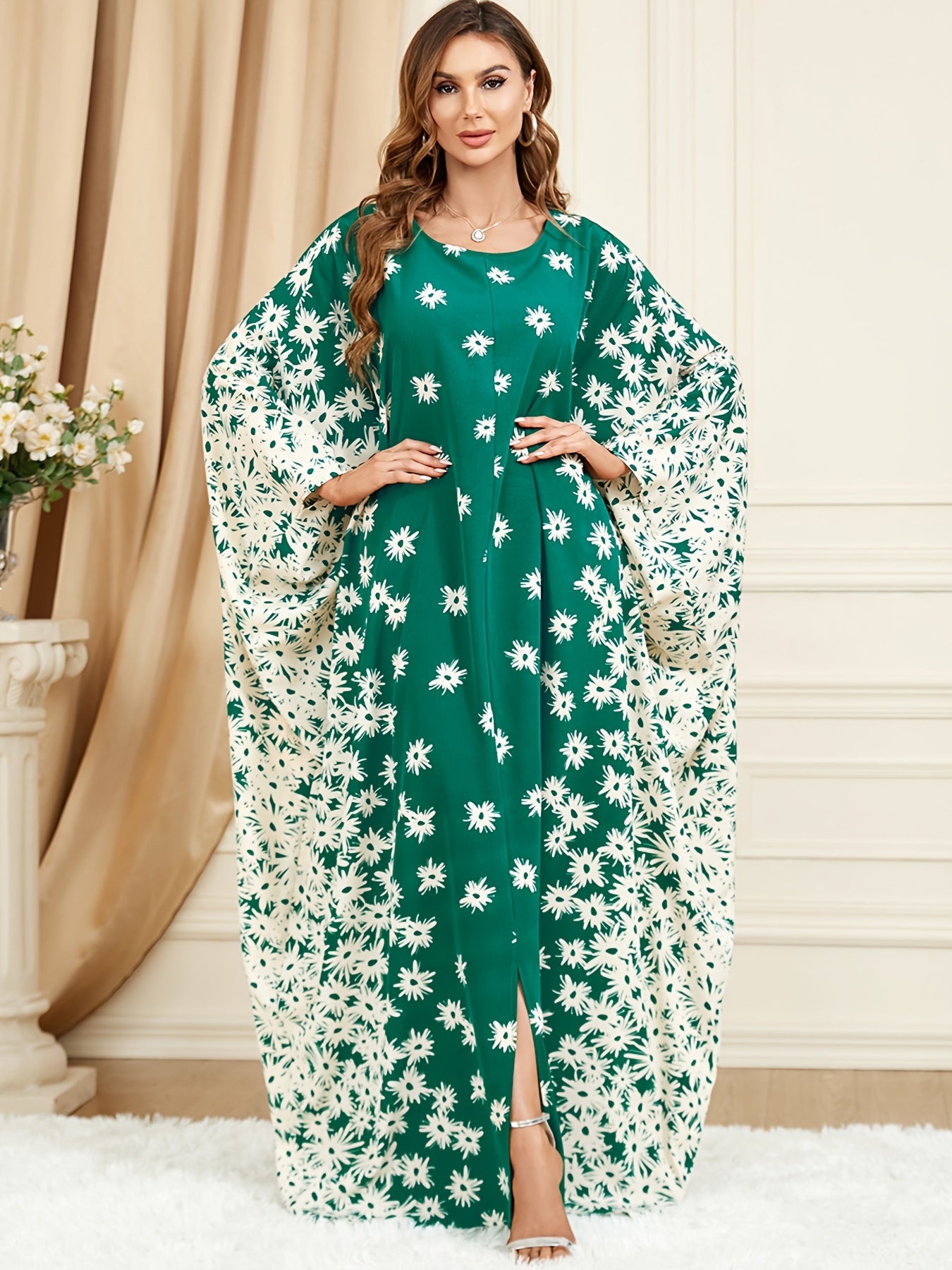 Abaya Dress Women's Plus Ditsy Floral Print Bat Sleeve