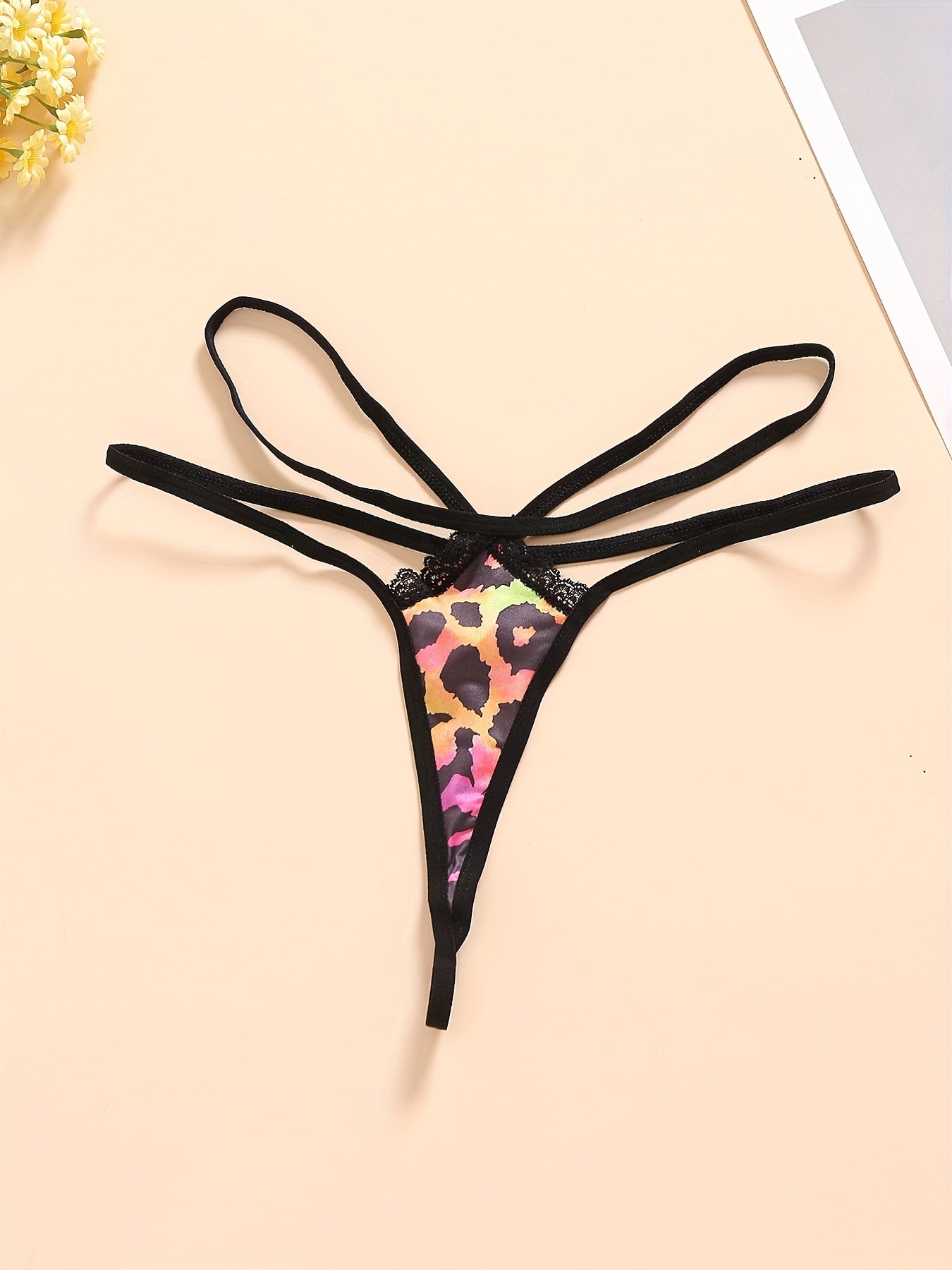 Leopard Lace Trim Thongs Sexy Hollow Out Ribbon Panties